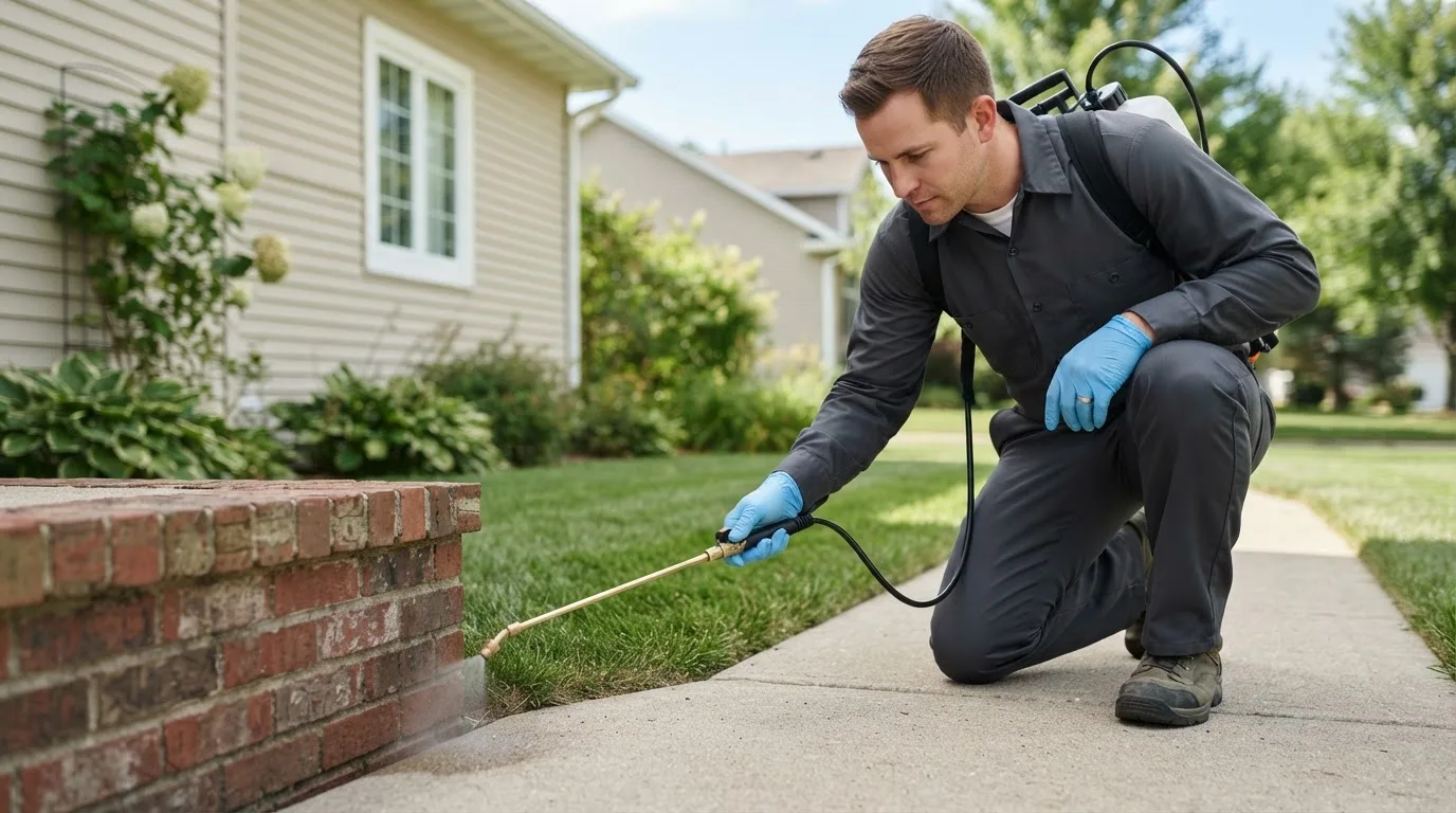 Pest control technician treating a home near Marion, MI